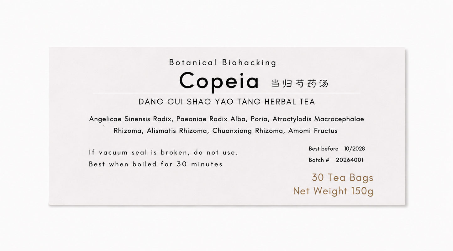 A white rectangular tea packet label with black and gold text reading 'Botanical Biohacking Copeia' and 'Dang Gui Shao Yao Tang Herbal Tea,' plus '30 Tea Bags Net Weight 150g.'.