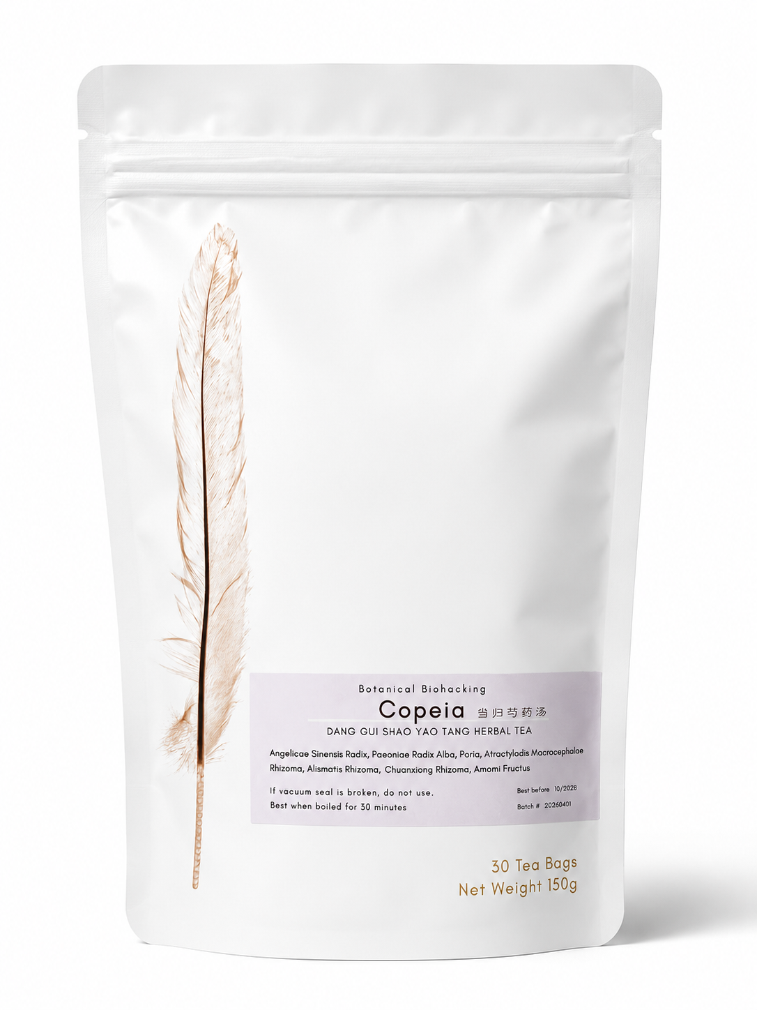 A white stand-up pouch of Copela herbal supplement tea with a large beige feather graphic on the left side and a pale lavender label near the bottom.