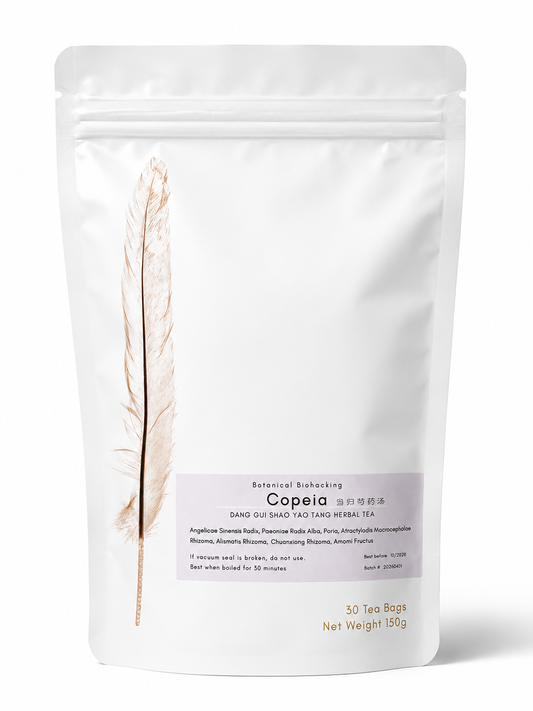 A white stand-up pouch of Copela herbal supplement tea with a large beige feather graphic on the left side and a pale lavender label near the bottom.