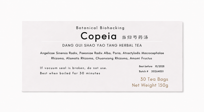 A white rectangular tea packet label with black and gold text reading 'Botanical Biohacking Copeia' and 'Dang Gui Shao Yao Tang Herbal Tea,' plus '30 Tea Bags Net Weight 150g.'.