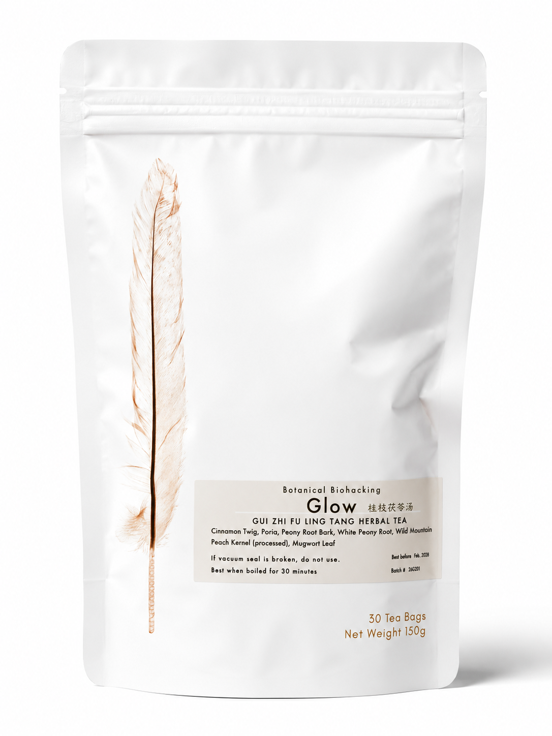 A white stand-up pouch of Botanical Roasting Glow herbal tea, featuring a minimalist beige label and a feather graphic on the left side, set against a plain white background.