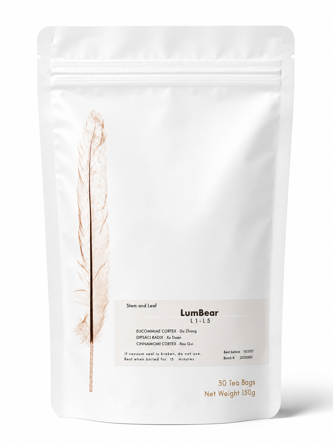 A white stand-up resealable pouch of LumBear 11:15 steamed and dried ecucuminat coffee, featuring a minimalist design with a vertical feather graphic and product details printed on the front.