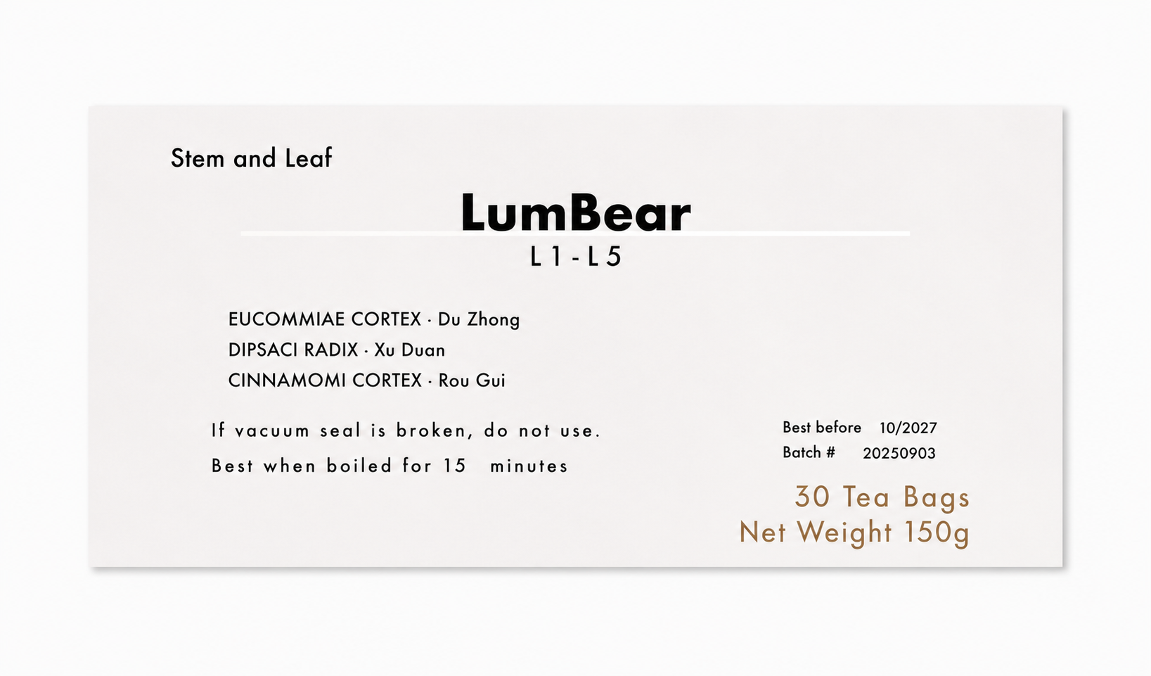 A white tea bag packet card for LumBear L1-L5, featuring black text detailing the ingredients (Stem and Leaf), tea bag count (30 tea bags), and net weight (150g), alongside a batch number and expiry date.