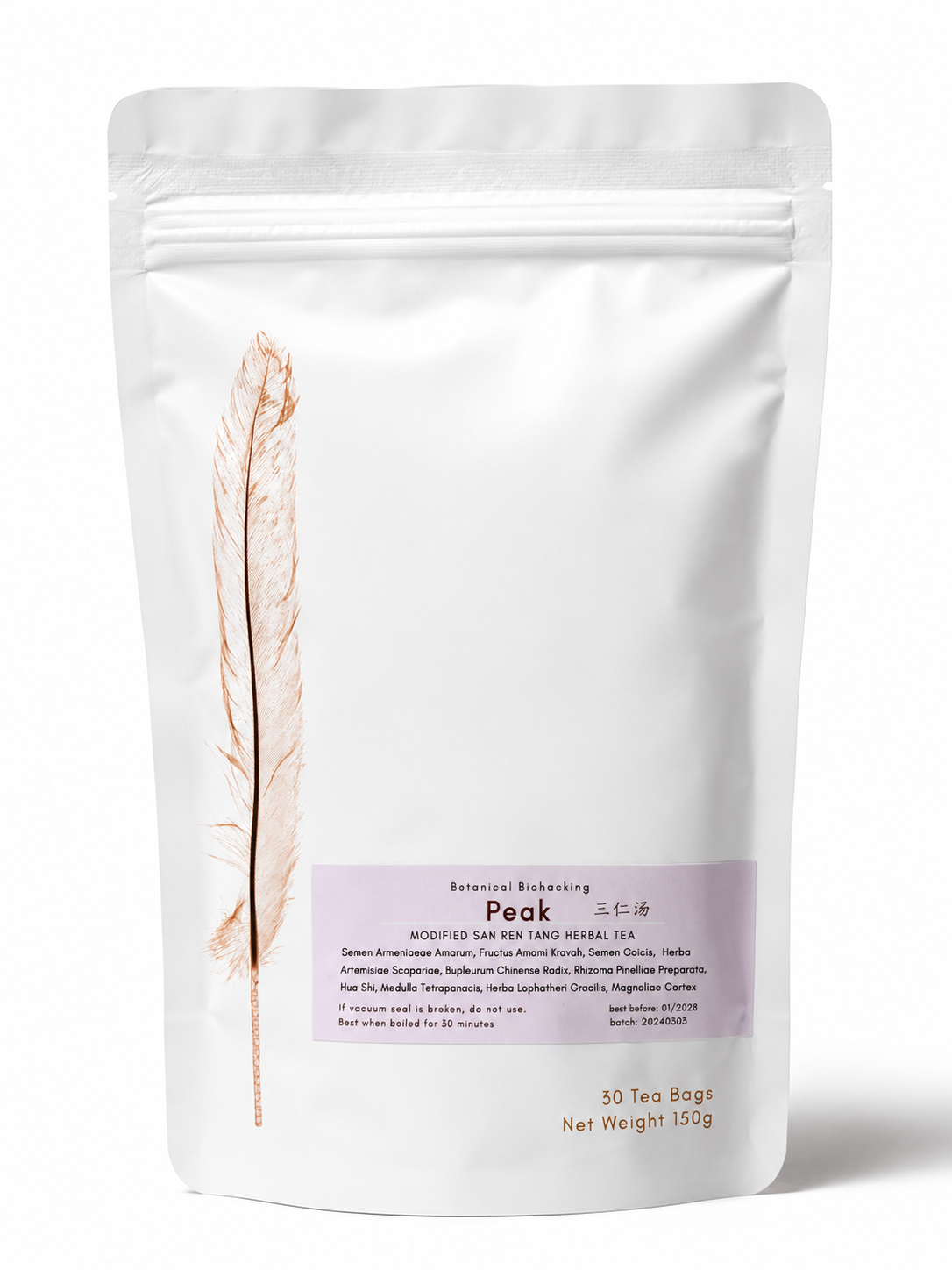 A white stand-up pouch of Peak Natural Rubbing with a lavender label and a tall feather illustration on the front, photographed on a clean white background.