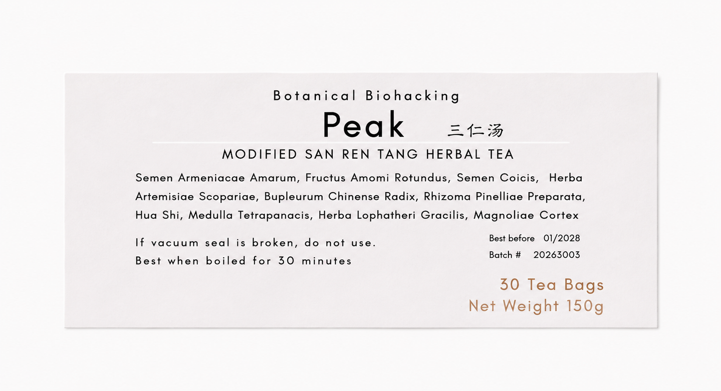 A rectangular tea packaging label for Peak Modified San Ren Tang Herbal Tea, featuring black text on a white background with a small gold line of text at the bottom right indicating 30 tea bags and net weight 150g.