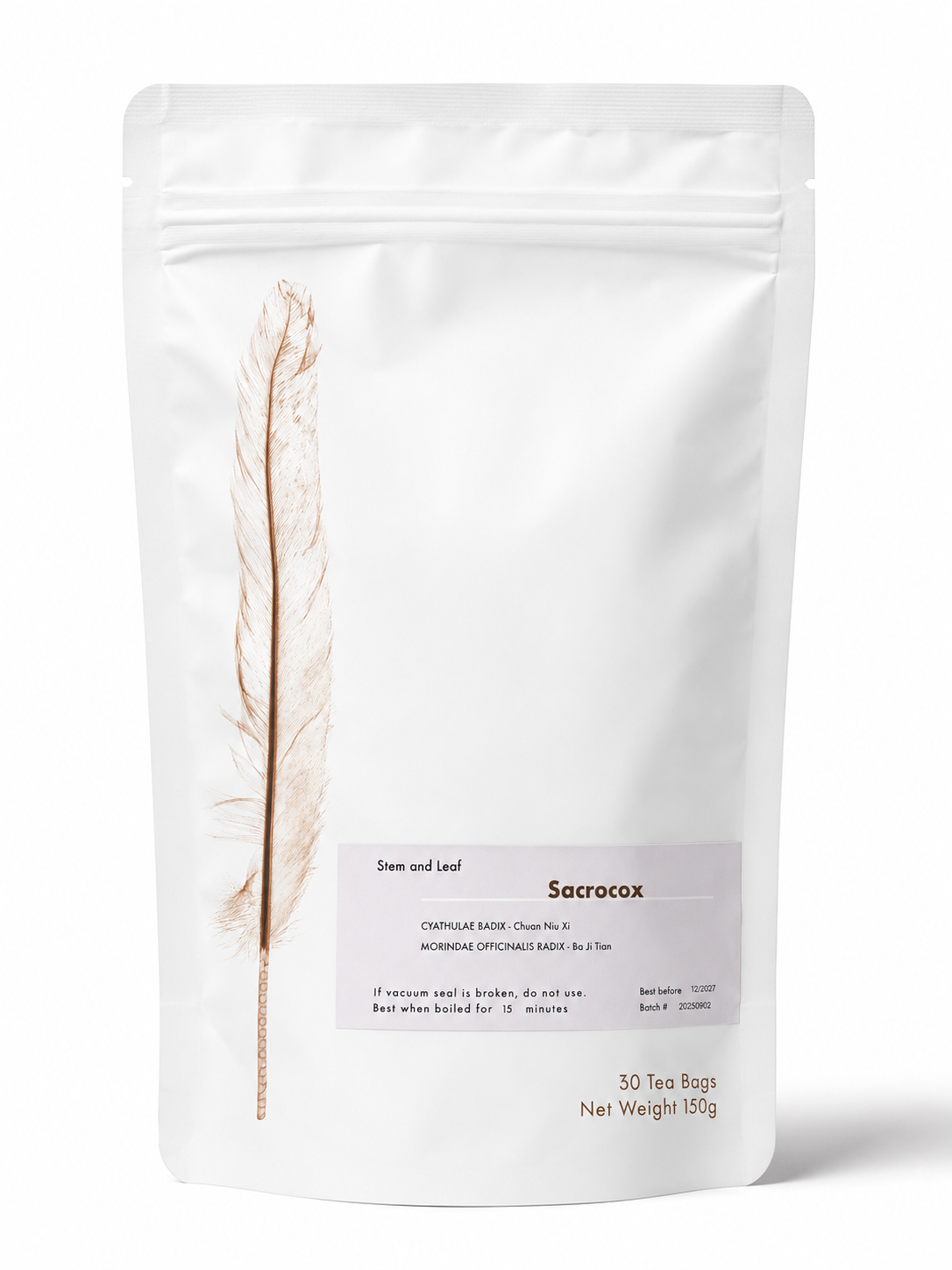 A white stand-up pouch of Sacoocox Stem and Leaf herbal tea, featuring a minimalist beige feather illustration on the left and a clean white label with black text.