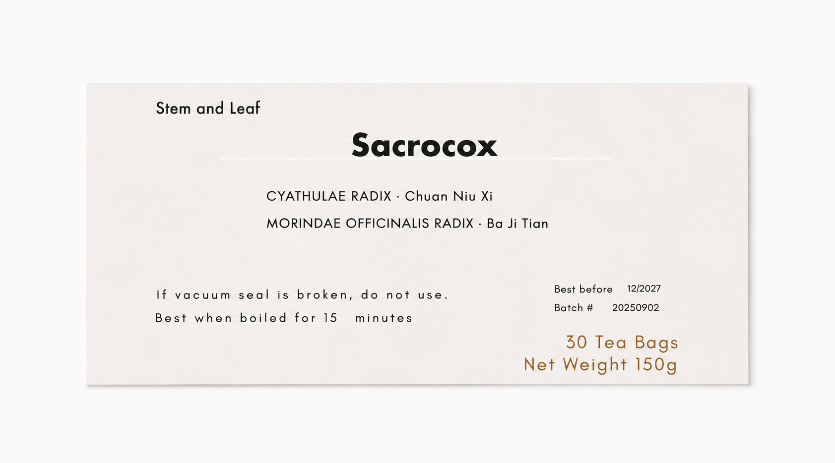 A rectangular tea package label on a light gray background. The label is off-white with black text reading 'Sacrocox' and 'Stem and Leaf,' plus smaller product details and orange text noting '50 Tea Bags' and 'Net Weight 150g.
