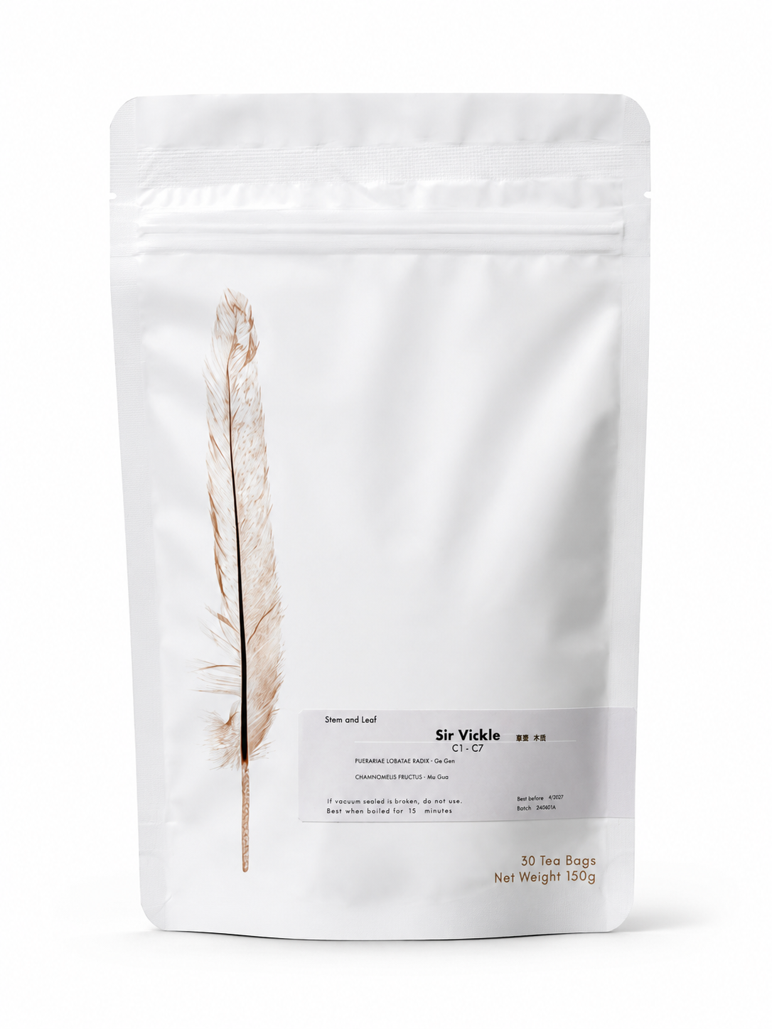 A white stand-up resealable pouch with a printed feather graphic and a small label reading 'Sir Vickle' and '10g', photographed on a clean white background.