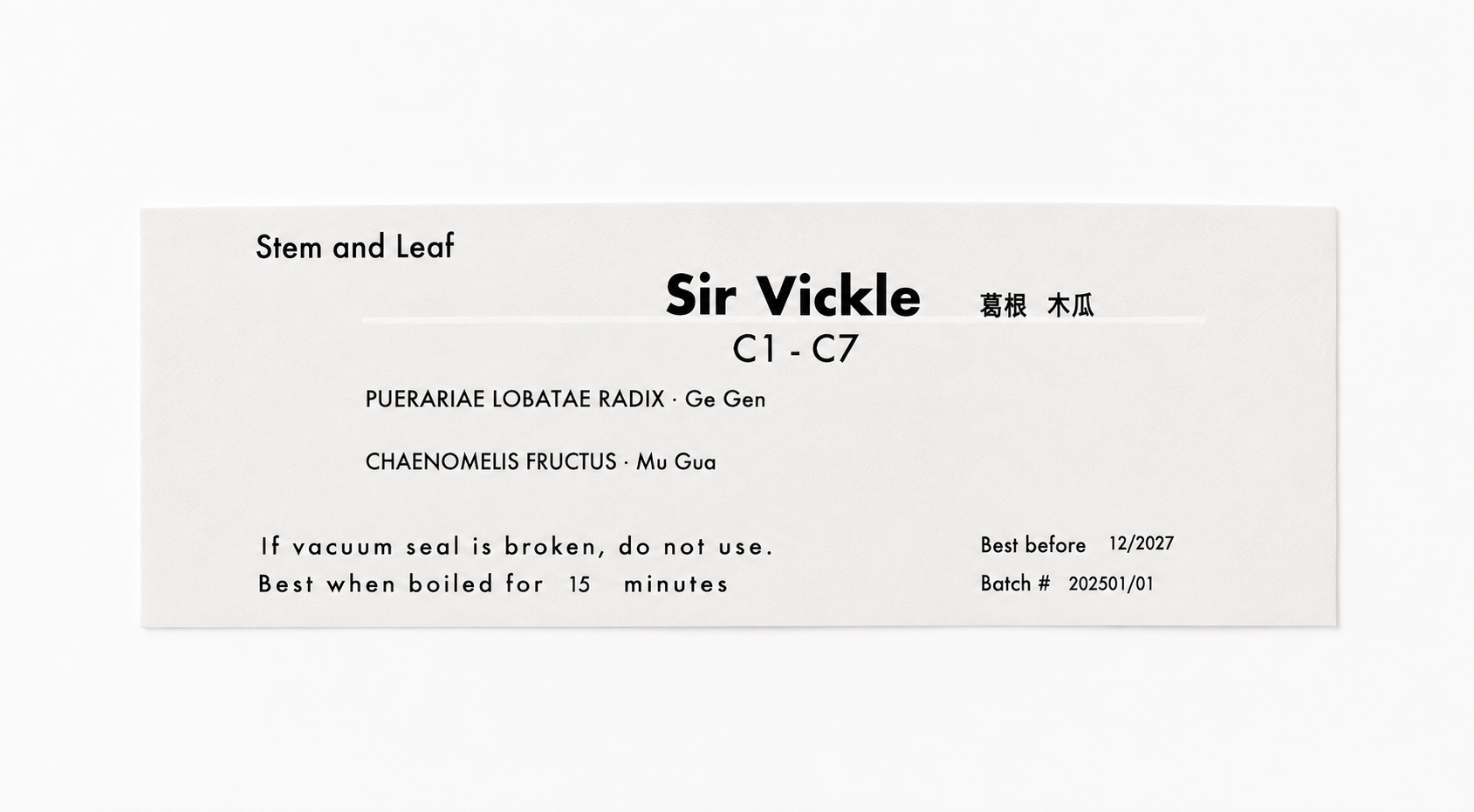 A white rectangular product label with black printed text, including the brand name 'Sir Vickle' and product details, shown on a light gray background.