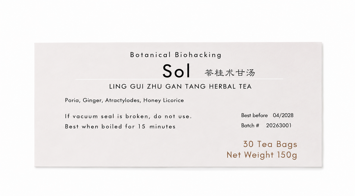 A rectangular tea package label on a white background. The label reads 'Botanical Biohacking Sol' and 'LING GUI ZHU GAN TANG HERBAL TEA,' with additional text including '30 Tea Bags,' 'Net Weight 150g,' and usage notes.
