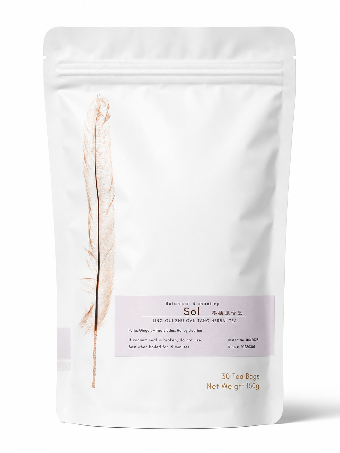 A white stand-up pouch of Sol herbal brewing tea with a pale lavender label and a decorative feather graphic on the left side, photographed on a clean white background.