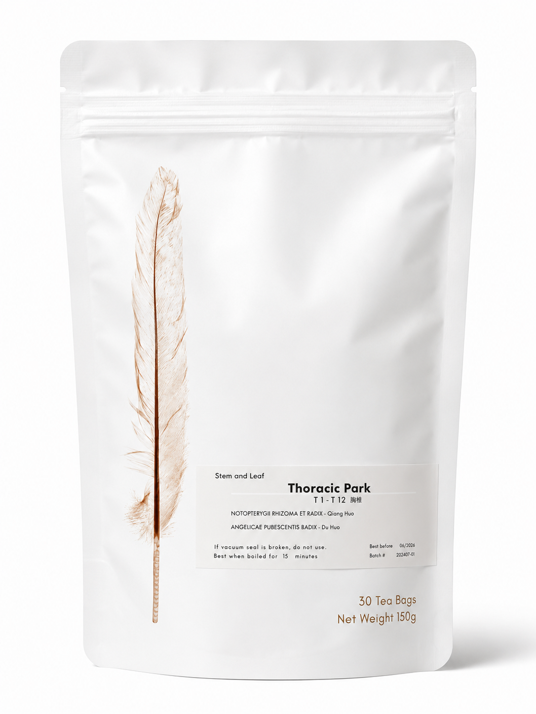 A white resealable stand-up pouch with a printed feather graphic and the text 'Thoracic Park' and '30 Tea Bags Net Weight 185g' on a clean white background.