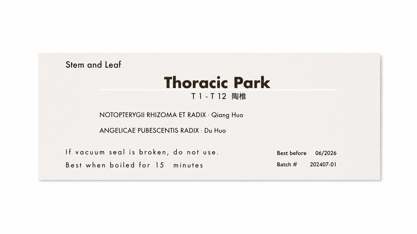 A rectangular product label with a warm off-white background and black text, reading 'Stem and Leaf' and 'Thoracic Park,' with additional product details and a best-before date.