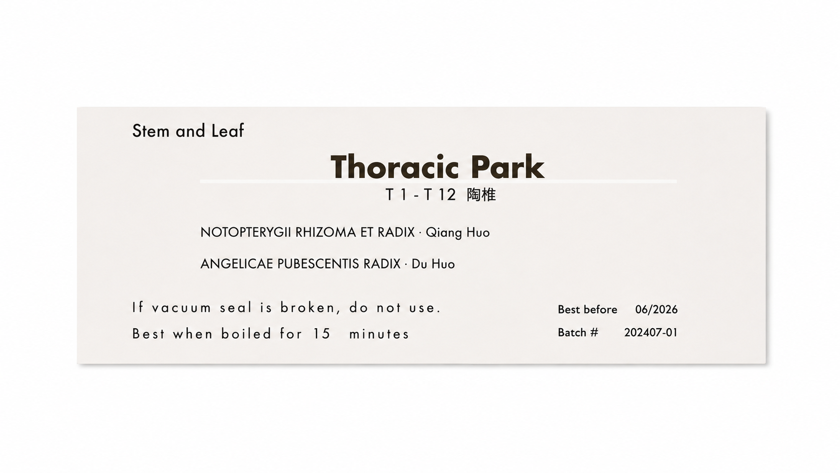 A rectangular product label with a warm off-white background and black text, reading 'Stem and Leaf' and 'Thoracic Park,' with additional product details and a best-before date.